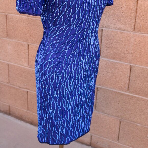 Laurence Kazar Silk Dress Womens SP Royal Blue Sequined Beaded Cocktail 90s - Picture 7 of 15
